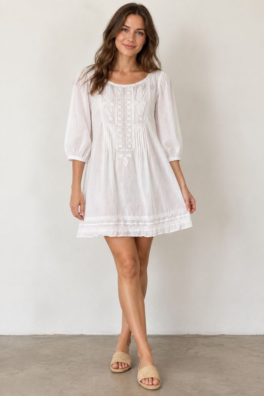 Zara Basic White Embroidered Boho Tunic Dress M Cottagecore 3/4 Sleeve